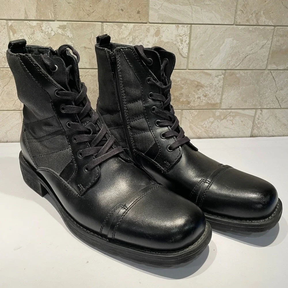 INC Black Leather Canvas Combat Boots Side Zip Cap Toe Lug Sole Tactical US 11